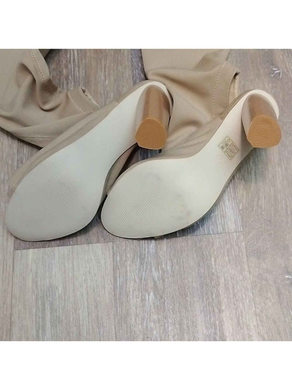 Public Desire Size 7 Tan Suede Peep-Toe Cutout Over-The-Knee Heel Boots - Picture 6 of 7